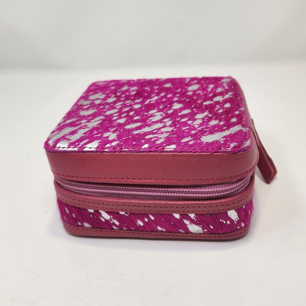 Western Linens Cowhide Leather Square Jewelry Case Box Pink Metallic Silver